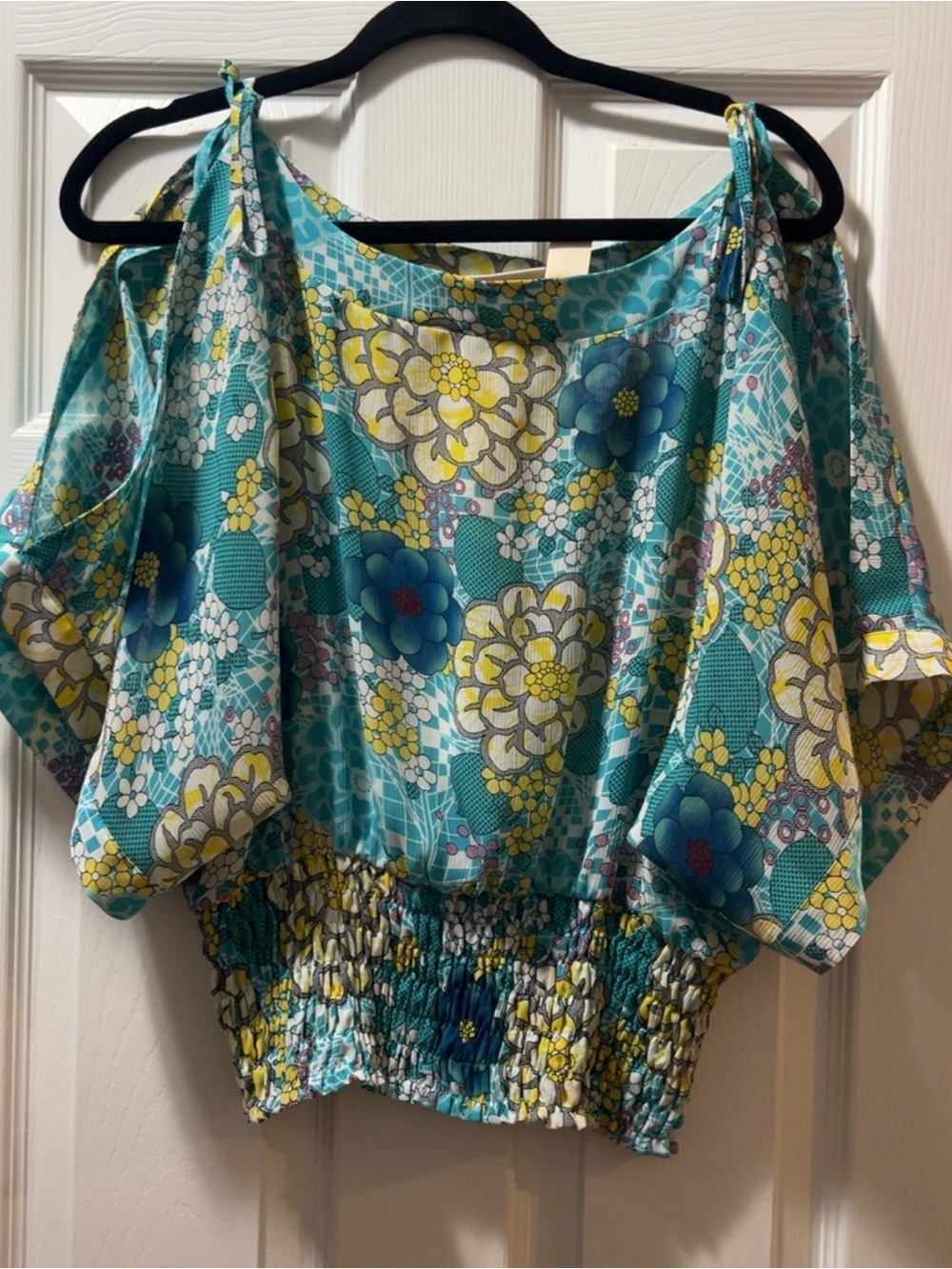 DKNY Teal Floral Cold-Shoulder Blouse with Yellow Accents